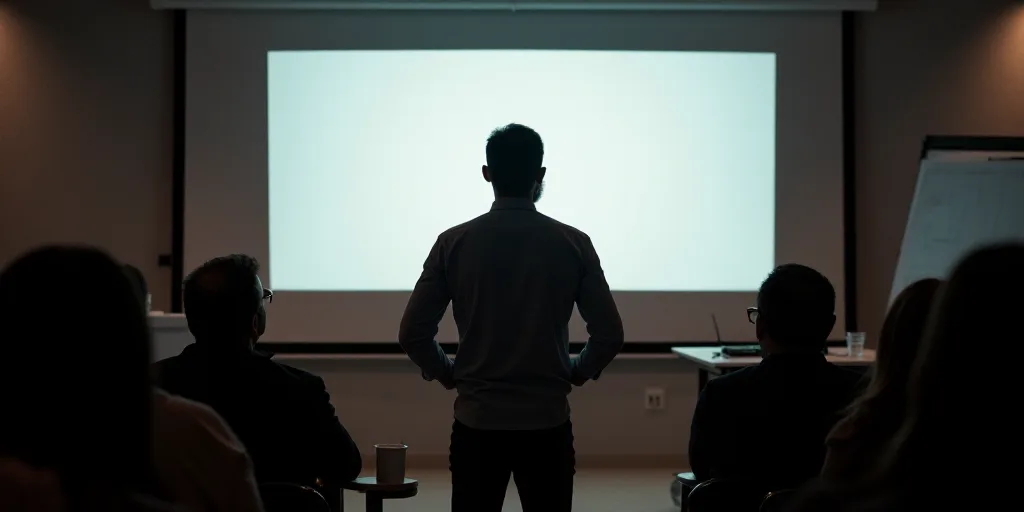 a man standing in front of a projection screen giving a presentation to a crowd of people in mexico,