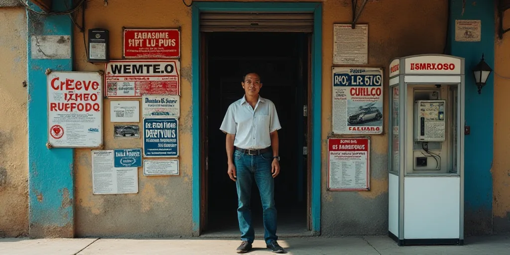 a man standing in front of a store with a lot of signs on the wall and a phone booth, Carlos Francis