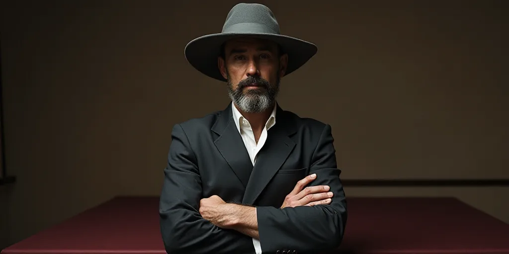 a man standing in front of a table with a hat on it's head and arms crossed, with his arms crossed,