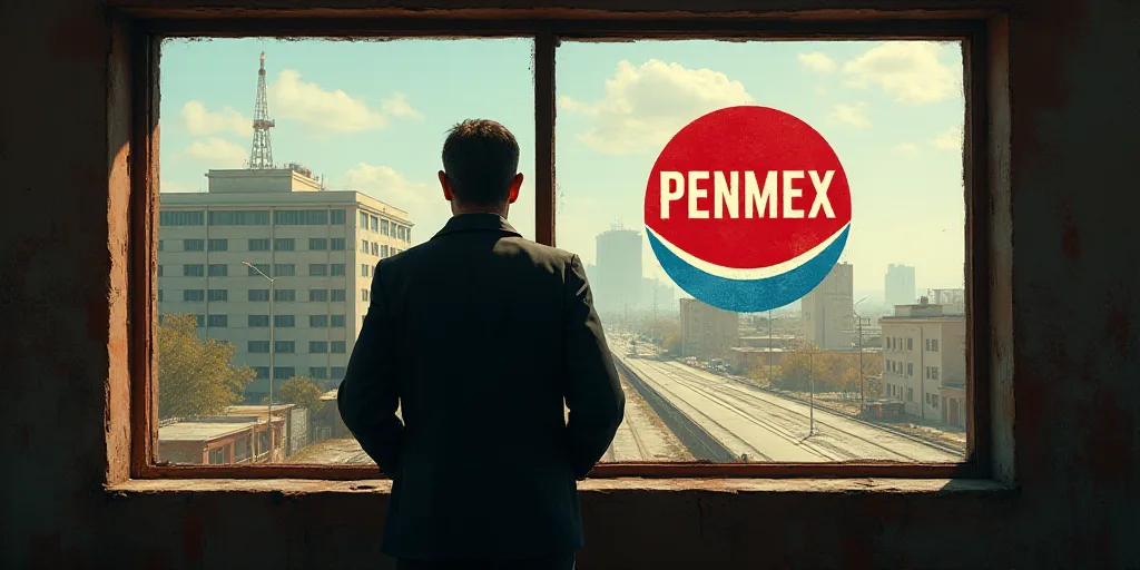 a man standing in front of a window with a penmex logo on it and a building in the background, Féli