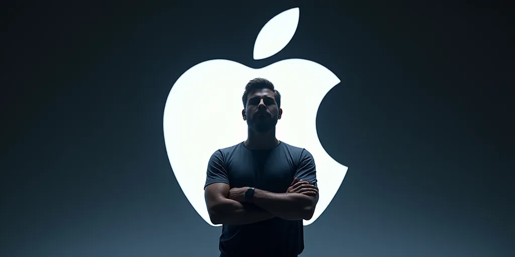 a man standing in front of an apple logo with his arms crossed and his hands folded in front of him,