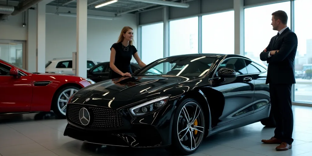 a man standing next to a black car in a showroom with other cars in the background and a woman stand