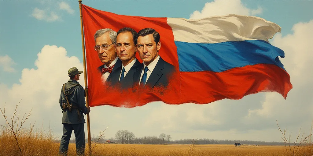 a man standing next to a large flag with pictures of people on it and a man holding a flag, Andrey Y