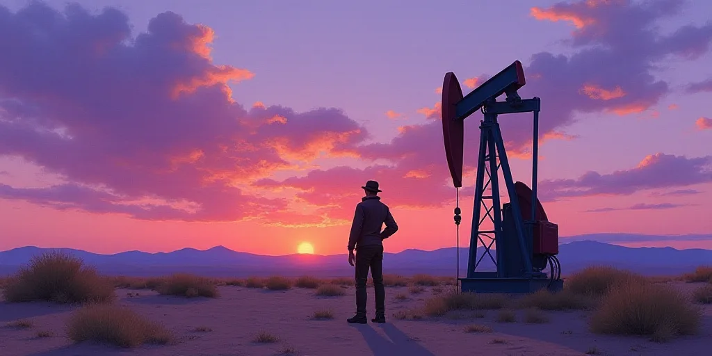 a man standing next to a pump in the desert at sunset with a purple sky behind him and a purple and