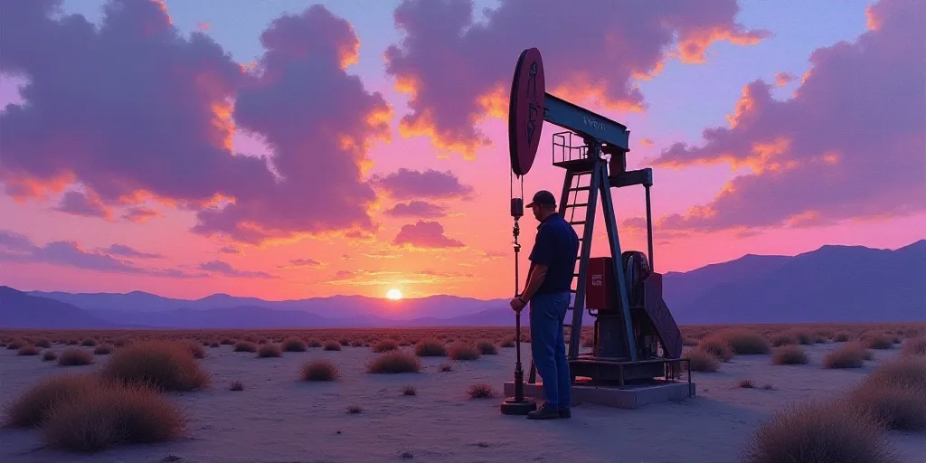 a man standing next to a pump in the desert at sunset with a purple sky behind him and a purple and