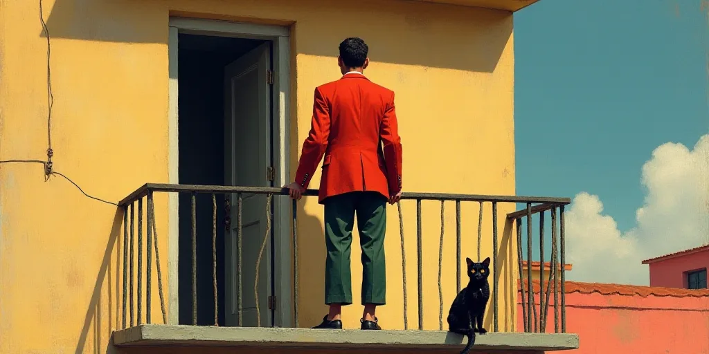 a man standing on a balcony with a red jacket on and a black cat in front of him and a door, Estuard