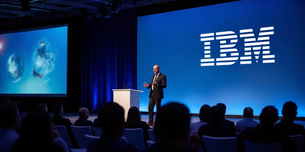 a man standing on stage giving a speech at a conference or conference hall with a ibm logo on the wa