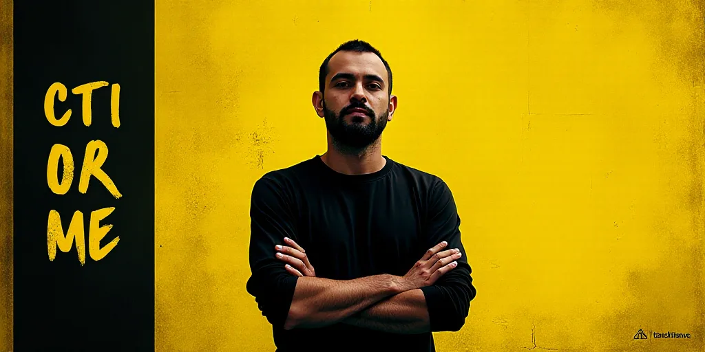 a man standing with his arms crossed in front of a yellow and black background with the words eleaza