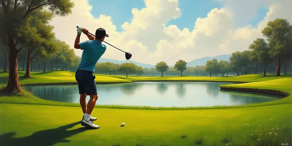 a man swinging a golf club on a golf course near a pond and trees in the background with a sign that