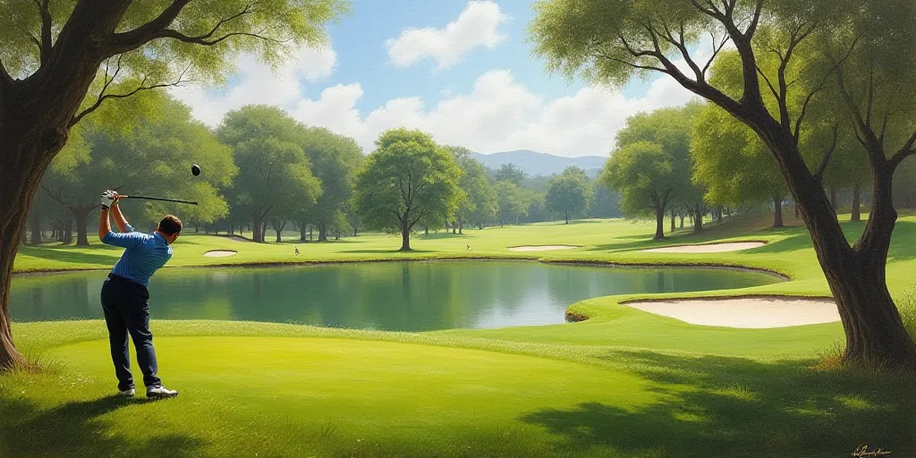 a man swinging a golf club on a golf course near a pond and trees in the background with a sign that