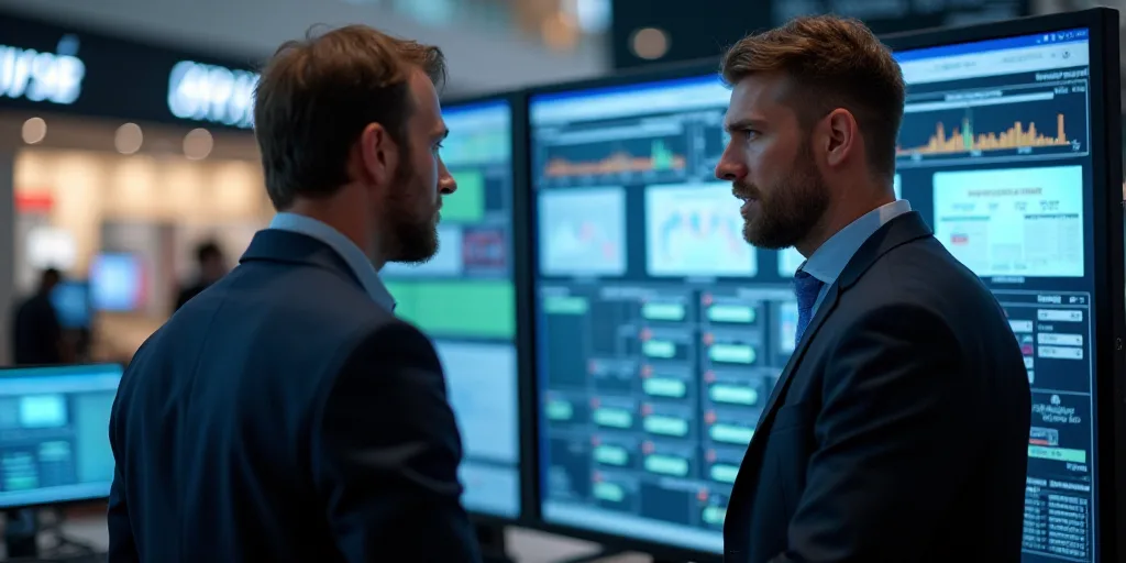 a man talking to another man in front of a computer screen at a trade show in a mall or mall, Andrie