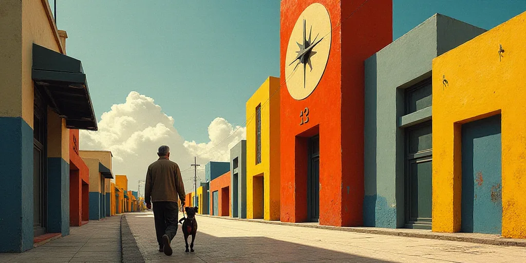 a man walking a dog down a street next to a tall building with a clock on it's side, David Alfaro Si