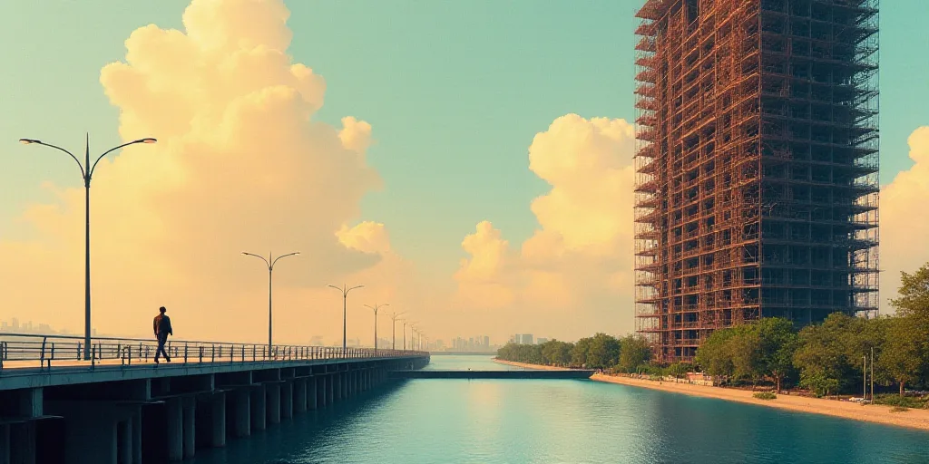 a man walking across a bridge over a river next to a tall building under construction with scaffoldi