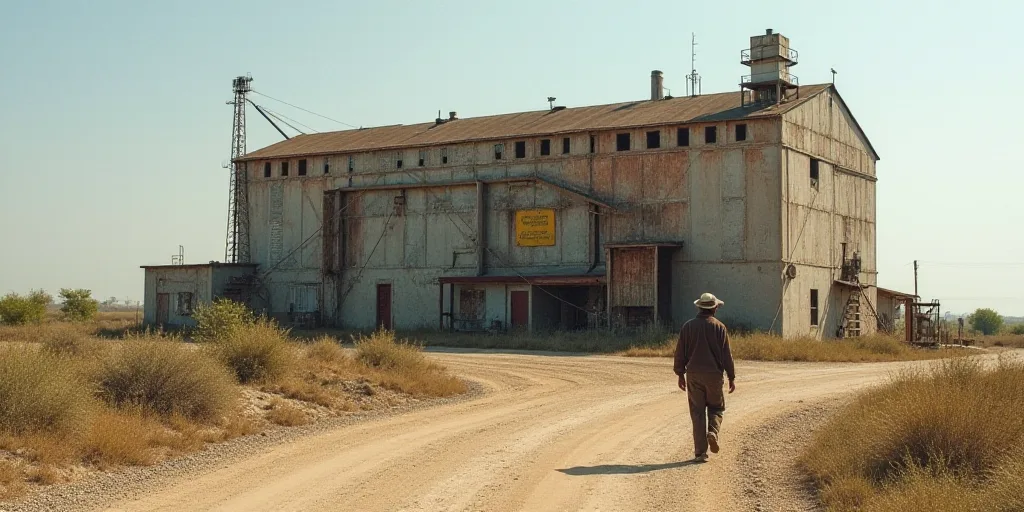 a man walking down a dirt road past a building with a large metal structure on it's side, Afewerk Te