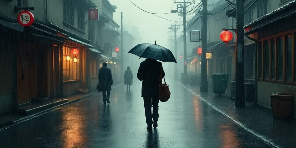 a man walking down a street in the rain with an umbrella over his head and a bag on his shoulder, An