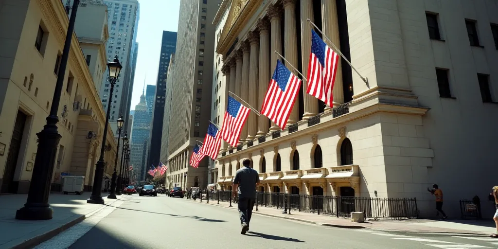 a man walking down a street past a tall building with american flags flying in the background on a s