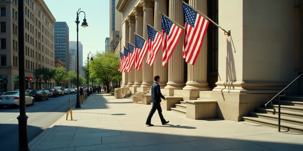 a man walking down a street past a tall building with american flags flying in the background on a s