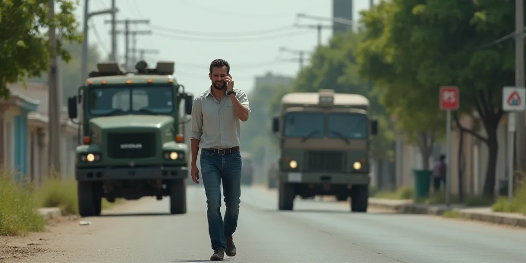 a man walking down a street past a military vehicle on the road with a man talking on a cell phone,