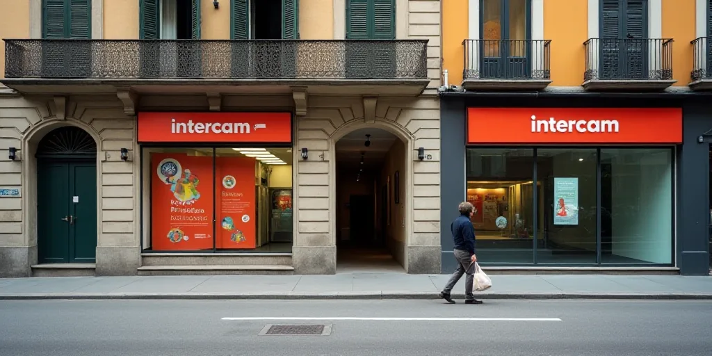 a man walking past a bank and a building with a sign on it that says intercam barcelona and a man wa