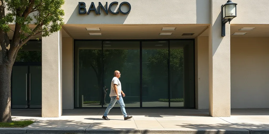 a man walking past a bank with a sign on it's side of it's building that says banco, Carlos Berlanga
