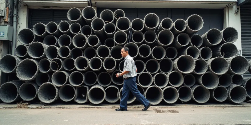 a man walking past a large stack of pipes on a street corner in front of a building with a large amo
