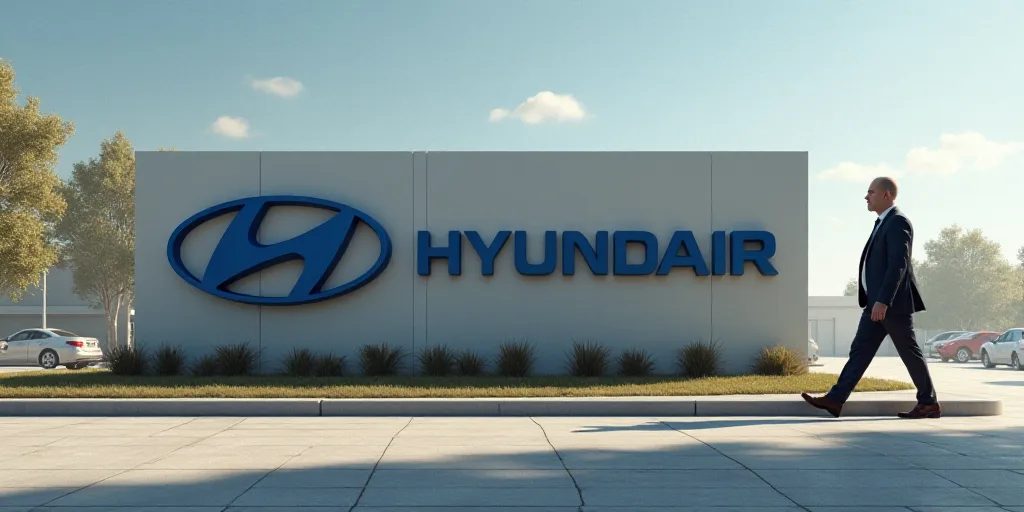 a man walking past a sign that says hyundair on it's side and a man in a suit walking past it, Eric