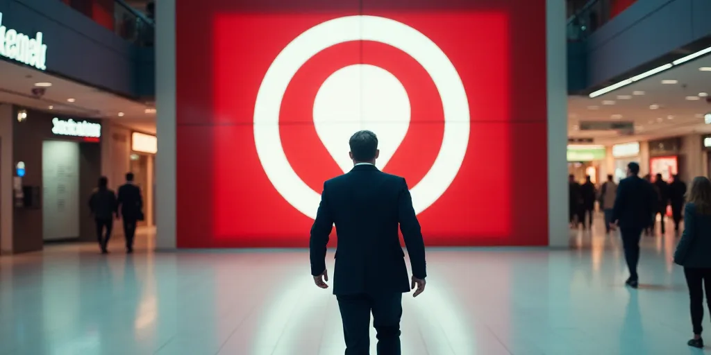a man walking through a mall with a giant pin logo on the wall behind him and a giant pin sign above