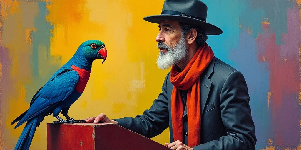a man wearing a hat and a scarf standing at a podium with a bird on it's neck, Carlos Francisco Chan