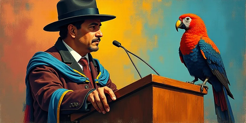 a man wearing a hat and a scarf standing at a podium with a bird on it's neck, Carlos Francisco Chan