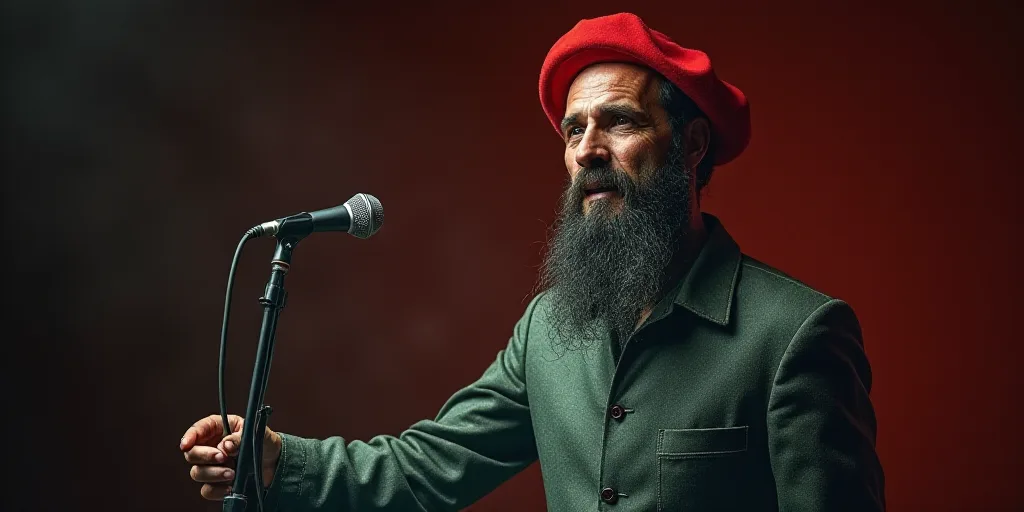 a man wearing a red hat and a microphone with a red cap on his head and a microphone in front of him