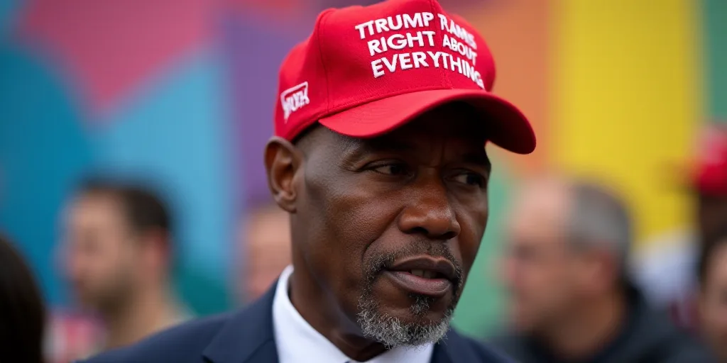 a man wearing a red hat with a message on it saying trump was right about everything in front of a c