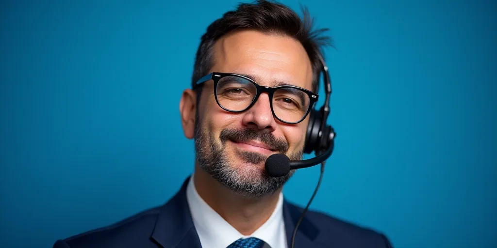a man wearing glasses and a suit and tie with a microphone in his ear and a blue background behind h
