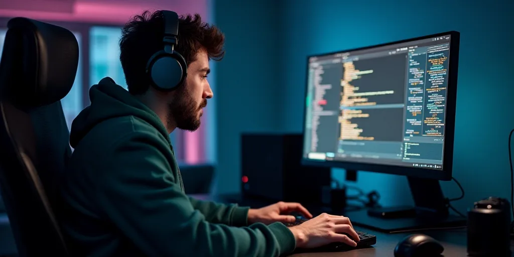 a man wearing headphones sitting in front of a computer monitor with a mouse in his hand and a keybo