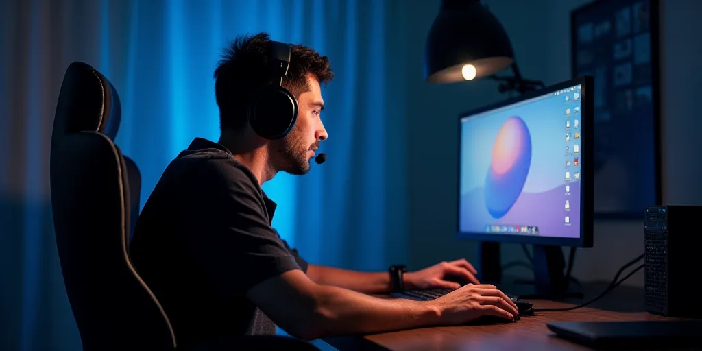 a man wearing headphones sitting in front of a computer monitor with a mouse in his hand and a keybo
