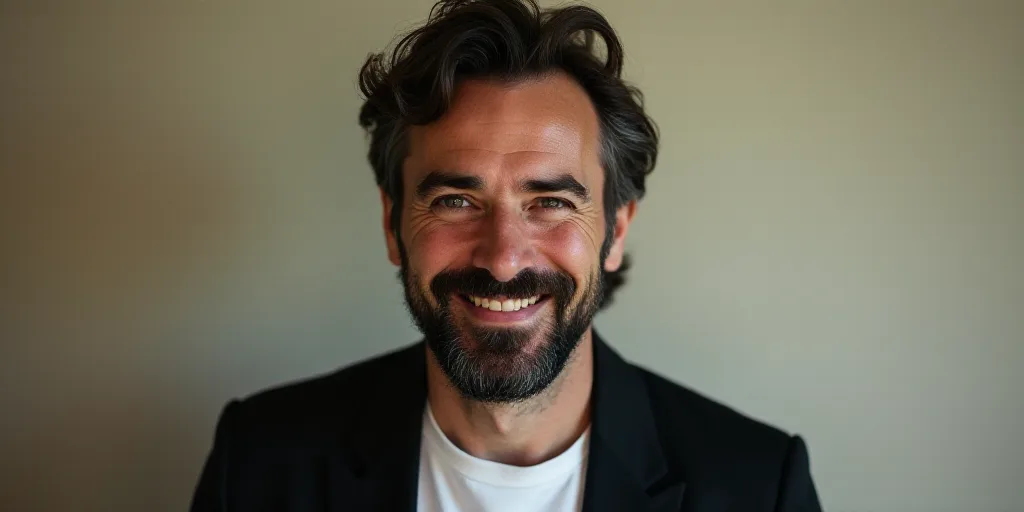 a man with a beard and a beard wearing a black jacket and white shirt is smiling at the camera, Enri
