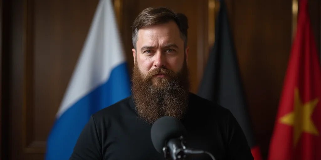 a man with a beard and a black shirt is standing in front of a microphone and a flag behind him, Ant