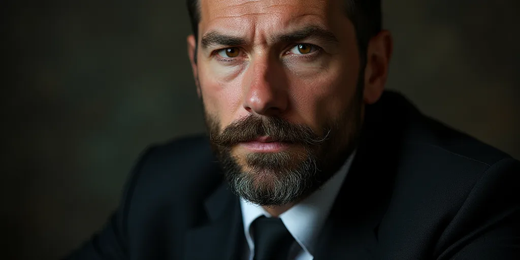 a man with a beard and a mustache is looking at the camera with a serious look on his face, Andrei K