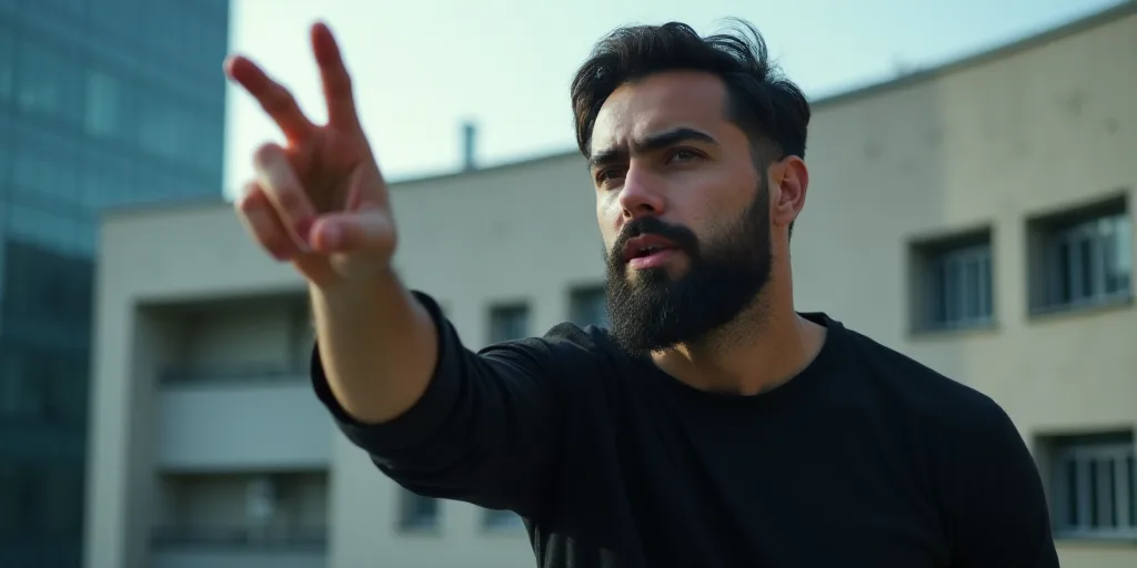a man with a beard and black shirt pointing to something with his finger in the air and a building i