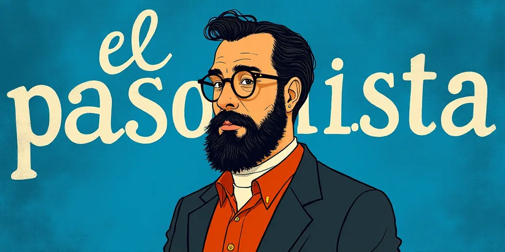 a man with a beard and glasses standing in front of a blue background with the words, el pasonista,