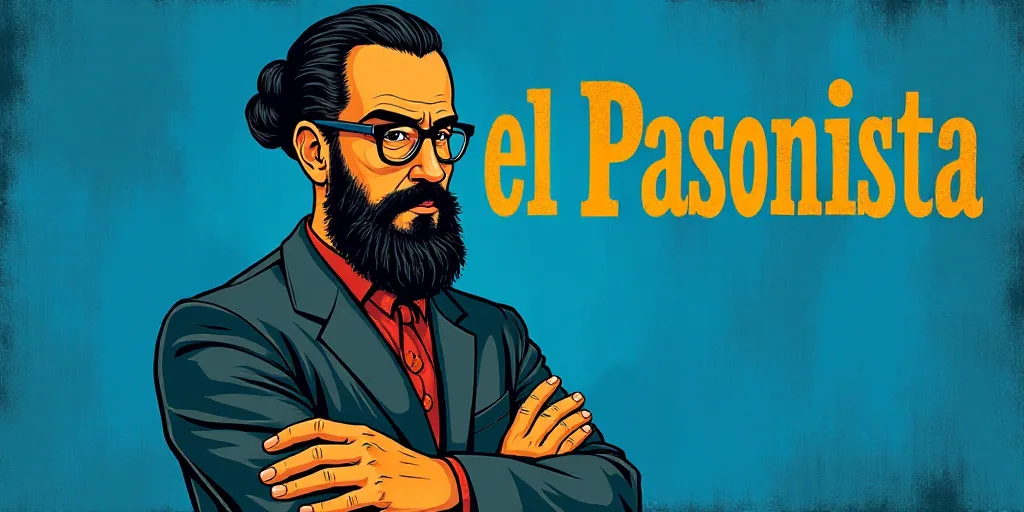 a man with a beard and glasses standing in front of a blue background with the words, el pasonista,