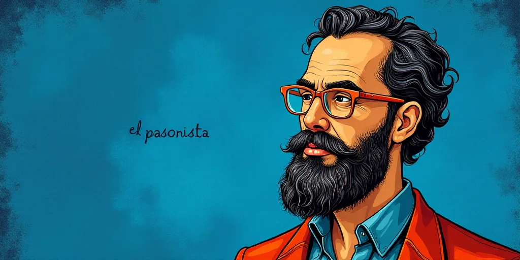 a man with a beard and glasses standing in front of a blue background with the words, el pasonista,
