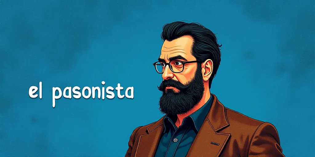 a man with a beard and glasses standing in front of a blue background with the words, el pasonista,