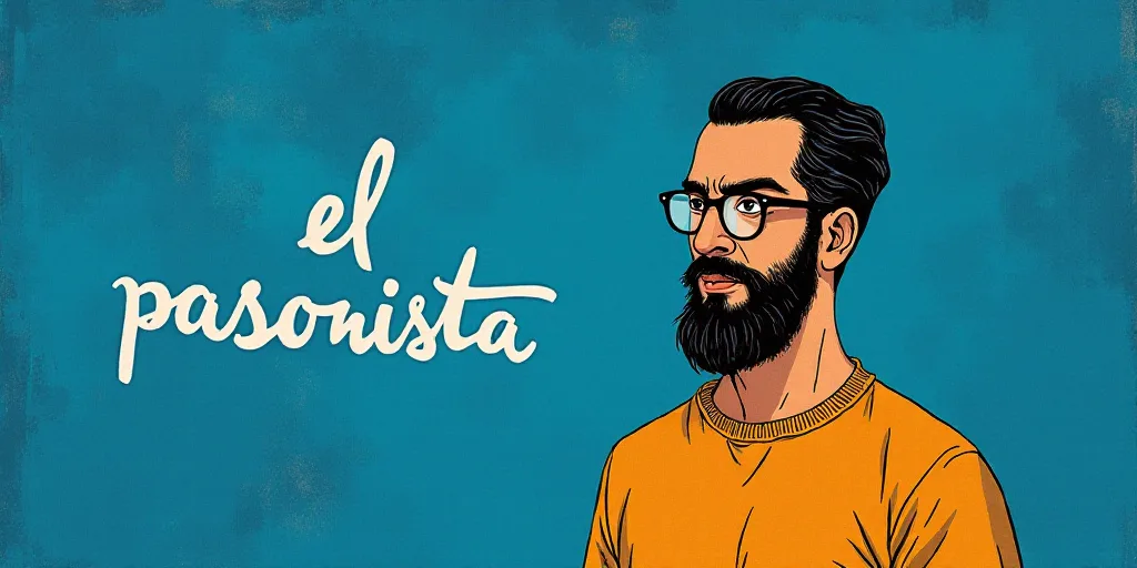 a man with a beard and glasses standing in front of a blue background with the words, el pasonista,