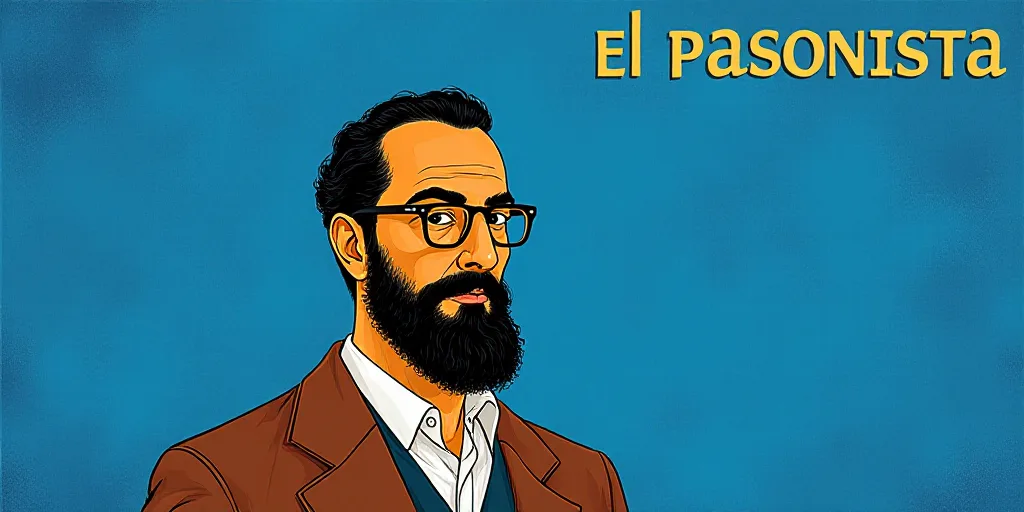 a man with a beard and glasses standing in front of a blue background with the words, el pasonista,