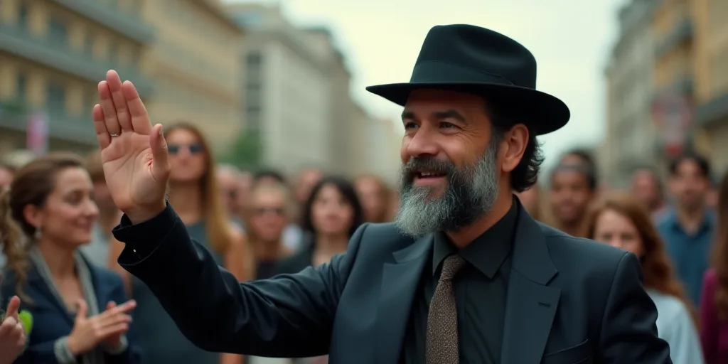 a man with a beard waves to the crowd while wearing a suit and tie and a black shirt and a black hat