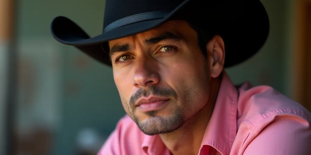 a man with a black hat and a pink shirt is looking at the camera with a serious look on his face, Es