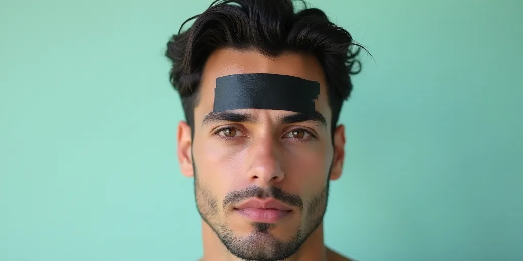 a man with a black piece of tape on his forehead and a black piece of tape on his forehead, Estuardo