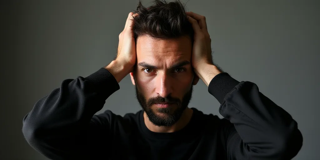 a man with a goatee and a black shirt is holding his head in his hands and looking at the camera, Be