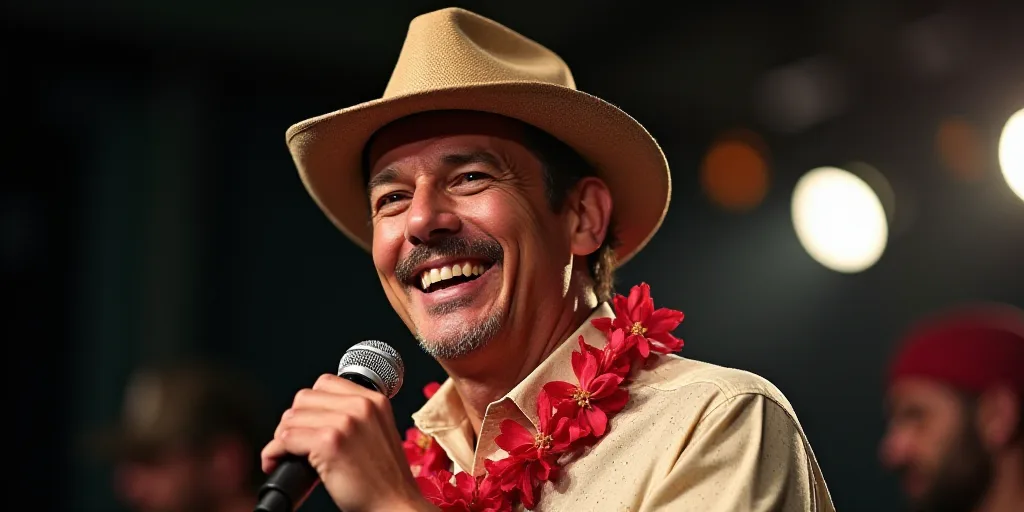 a man with a hat on holding a microphone and smiling at the camera while wearing a lei around his ne