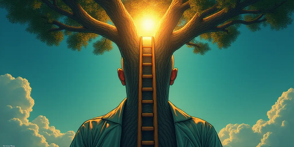 a man with a light shining through his head and a ladder to reach the top of his head, with a tree i